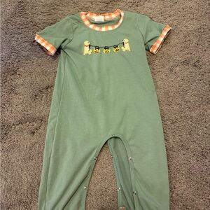 Adorable Green Toddler Romper with Pumpkin Design